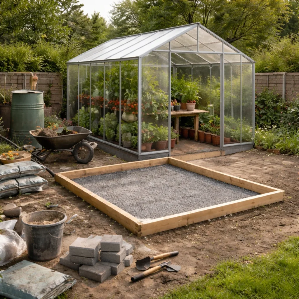 Szklarnia w ogrodzie z poliwęglanu na przygotowanym fundamencie z obrzeży i kruszywa, obok narzędzia i materiały budowlane