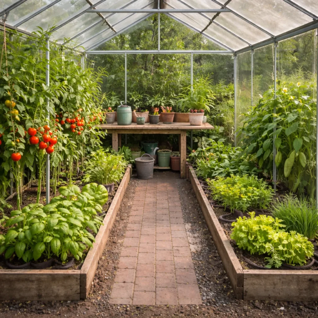 Wnętrze szklarni w ogrodzie z grządkami, ścieżką z kostki i pomidorami uprawianymi w podniesionych rabatach