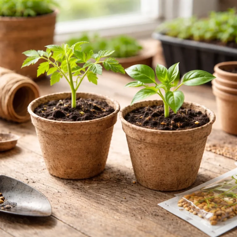 Dwie wiosenne sadzonki w doniczkach torfowych na drewnianym blacie – młody pomidor i papryka przy oknie.