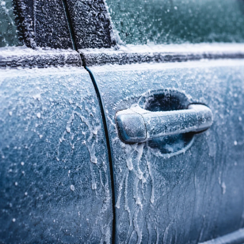 Zamarznięta klamka w samochodzie na oszronionych drzwiach auta zimą