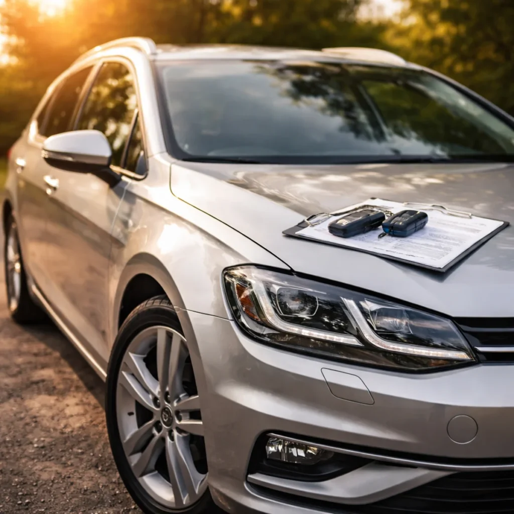 Zadbany samochód gotowy do sprzedaży z kluczykami i dokumentami na masce
