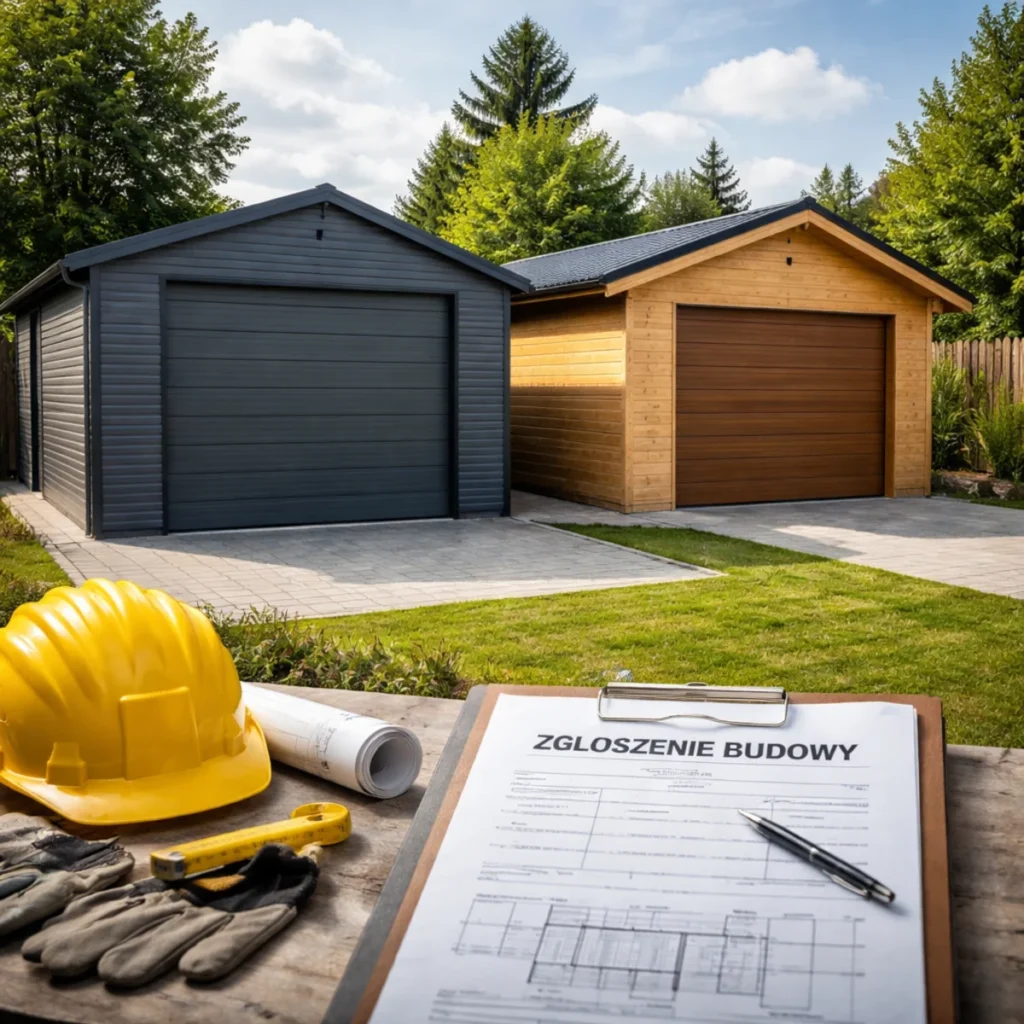 Dwa garaże obok siebie: blaszany i drewniany, przykład garażu bez pozwolenia