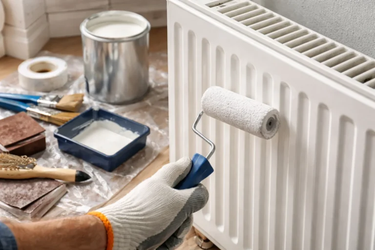 Malowanie kaloryfera wałkiem w domu podczas odświeżania wnętrza
