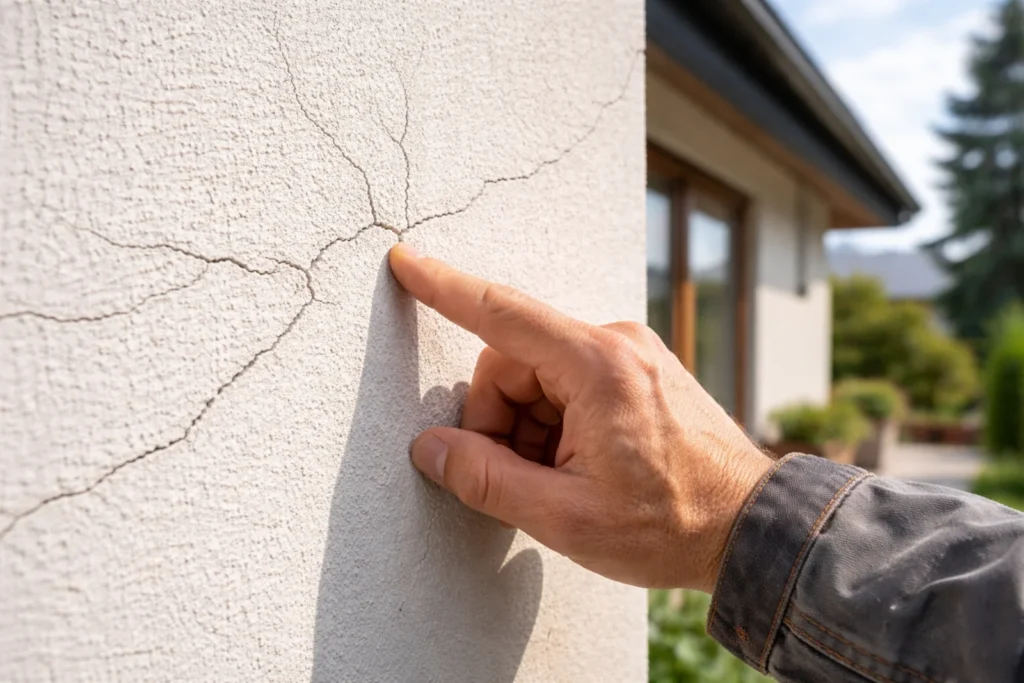 Mikropęknięcia tynku na elewacji domu i dłoń wskazująca uszkodzone miejsce na ścianie