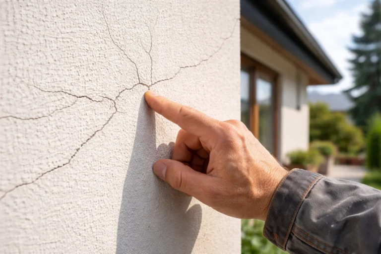 Mikropęknięcia tynku na elewacji domu i dłoń wskazująca uszkodzone miejsce na ścianie