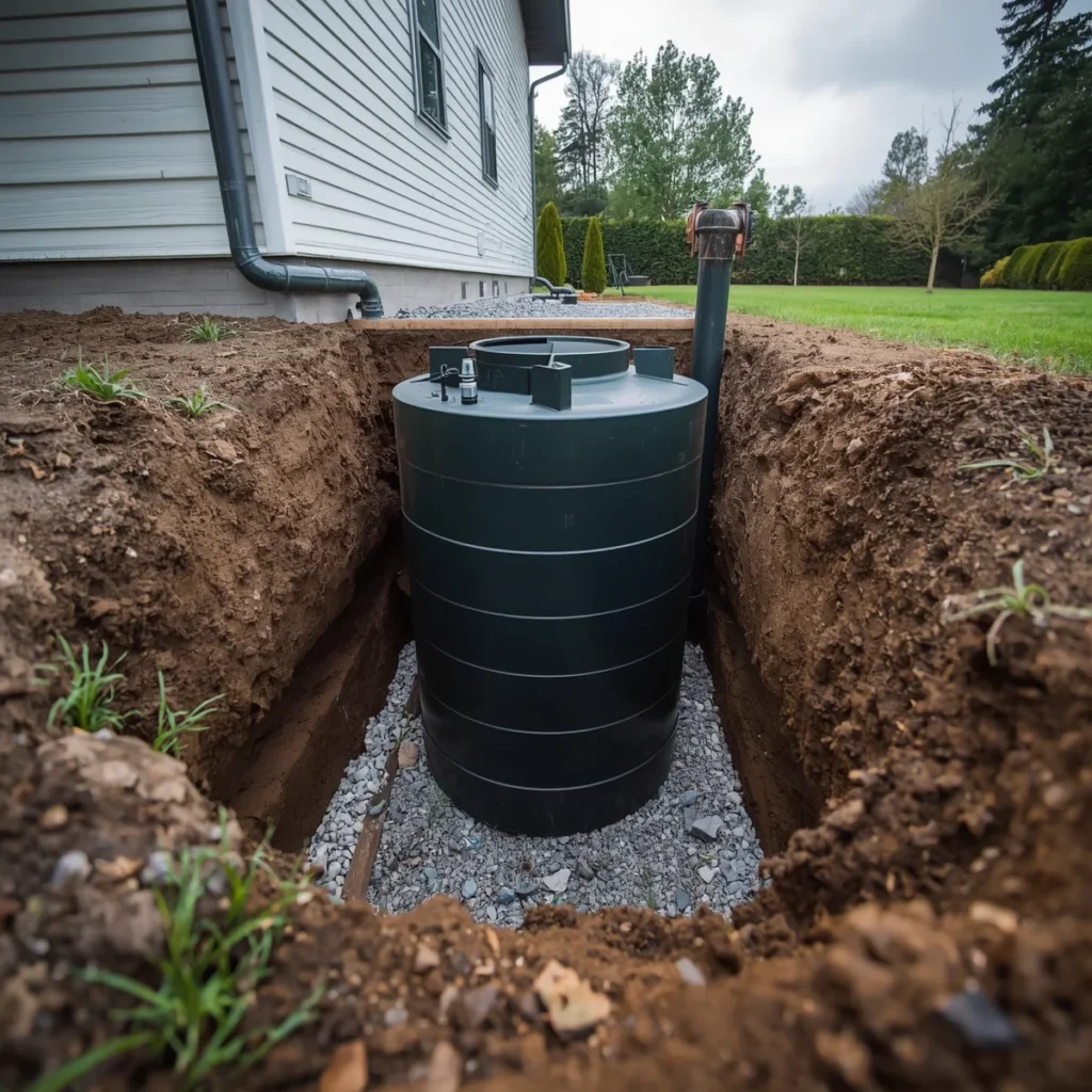 Czarny zbiornik na deszczówkę zamontowany w wykopie przy elewacji domu jednorodzinnego