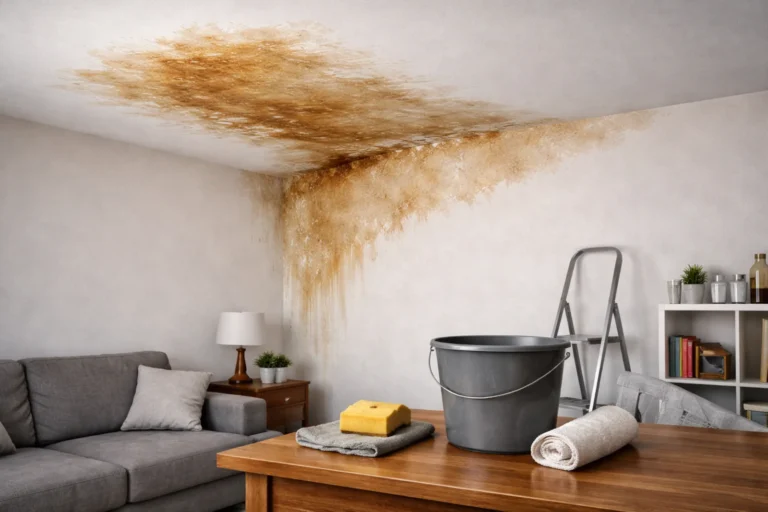 Plama po zalaniu na suficie i ścianie w rogu pokoju dziennego