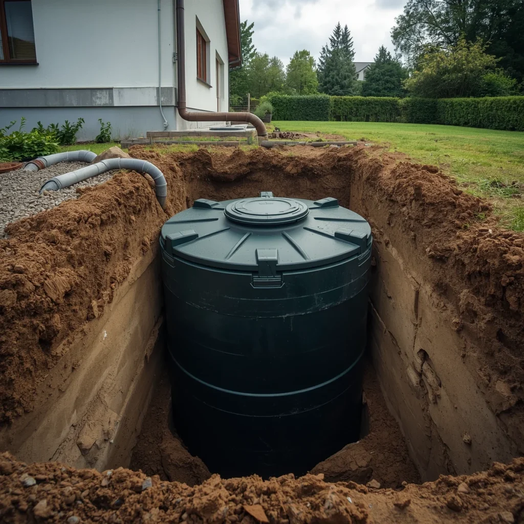 Podziemny zbiornik na deszczówkę wkopany w ziemię obok domu jednorodzinnego podczas montażu