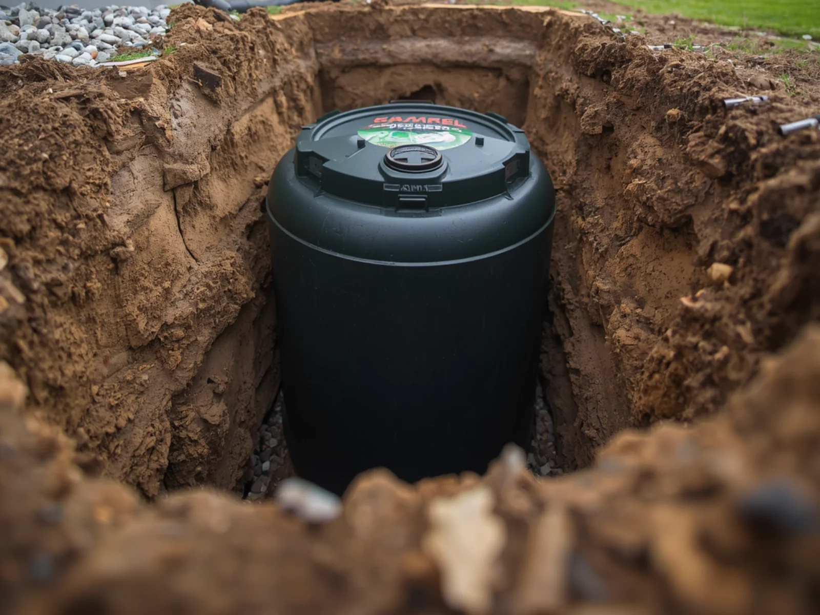 Podziemny zbiornik na deszczówkę ustawiony w wąskim wykopie podczas montażu przy domu