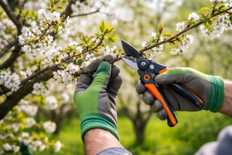 Przycinanie wiśni na wiosnę sekatorem podczas cięcia kwitnącej gałęzi w ogrodzie