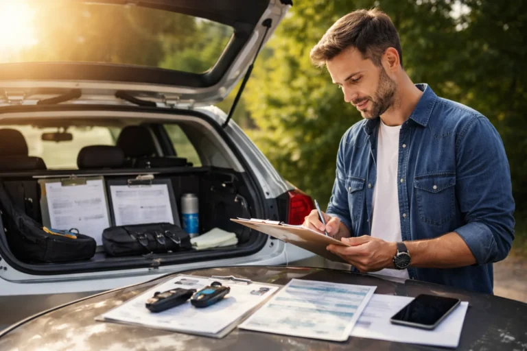 Mężczyzna przygotowuje dokumenty do sprzedaży samochodu przy otwartym bagażniku auta