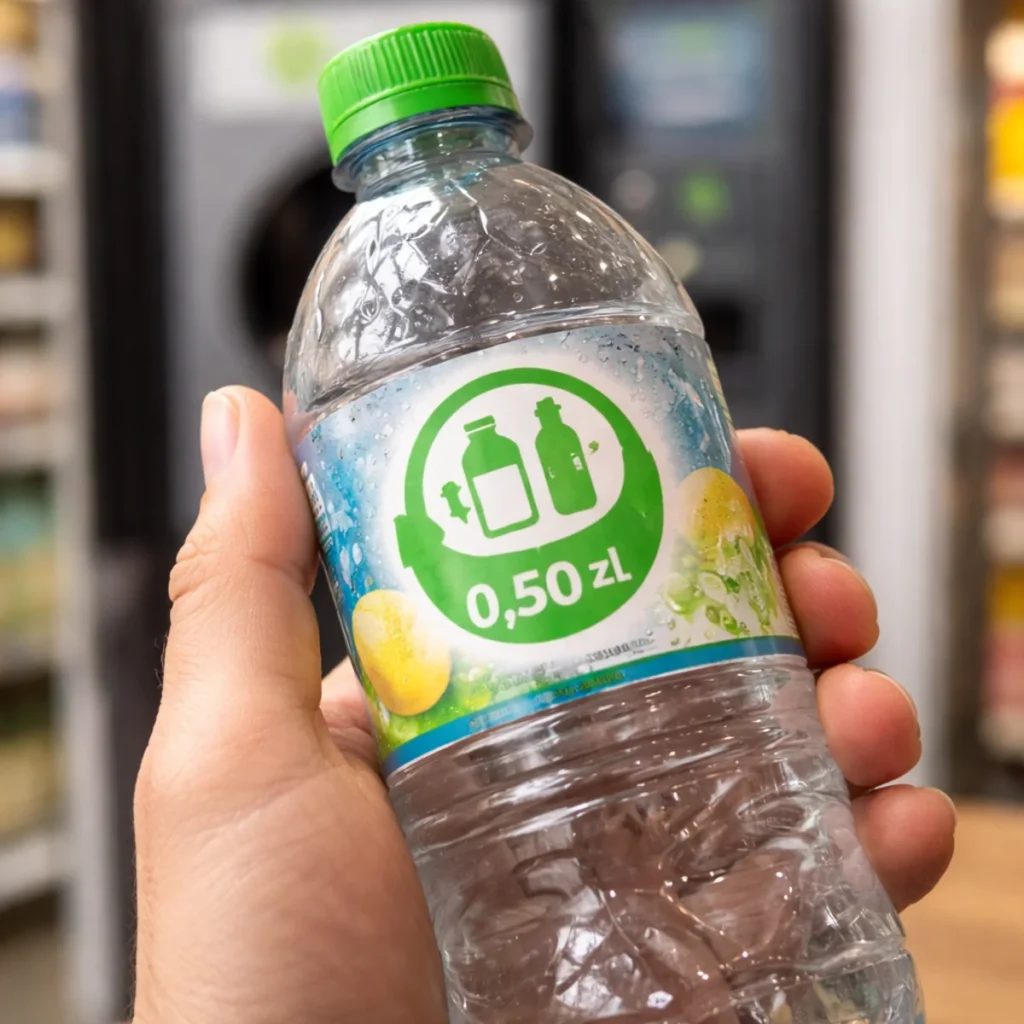 Zbliżenie na butelkę PET z oznaczeniem kaucji 0,50 zł w sklepie, trzymaną w dłoni przy automacie do zwrotu