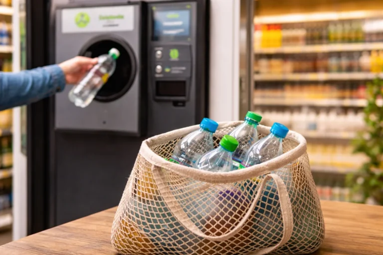 Osoba oddaje plastikową butelkę PET do butelkomatu w sklepie, obok torba z kilkoma pustymi butelkami