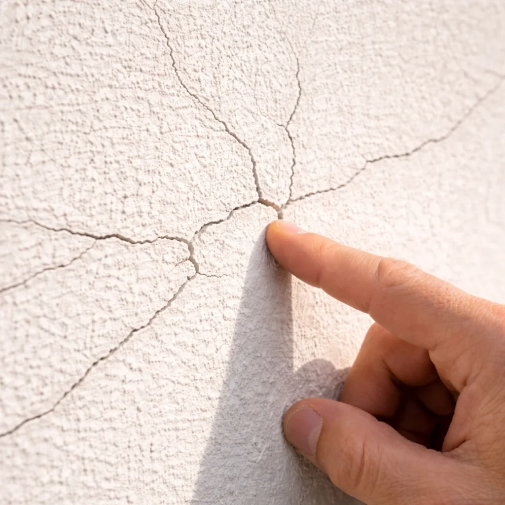 Zbliżenie na pęknięcie tynku na elewacji domu z palcem wskazującym miejsce uszkodzenia