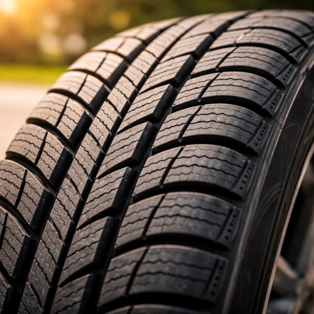 Zbliżenie na bieżnik opony letniej przed sezonową wymianą