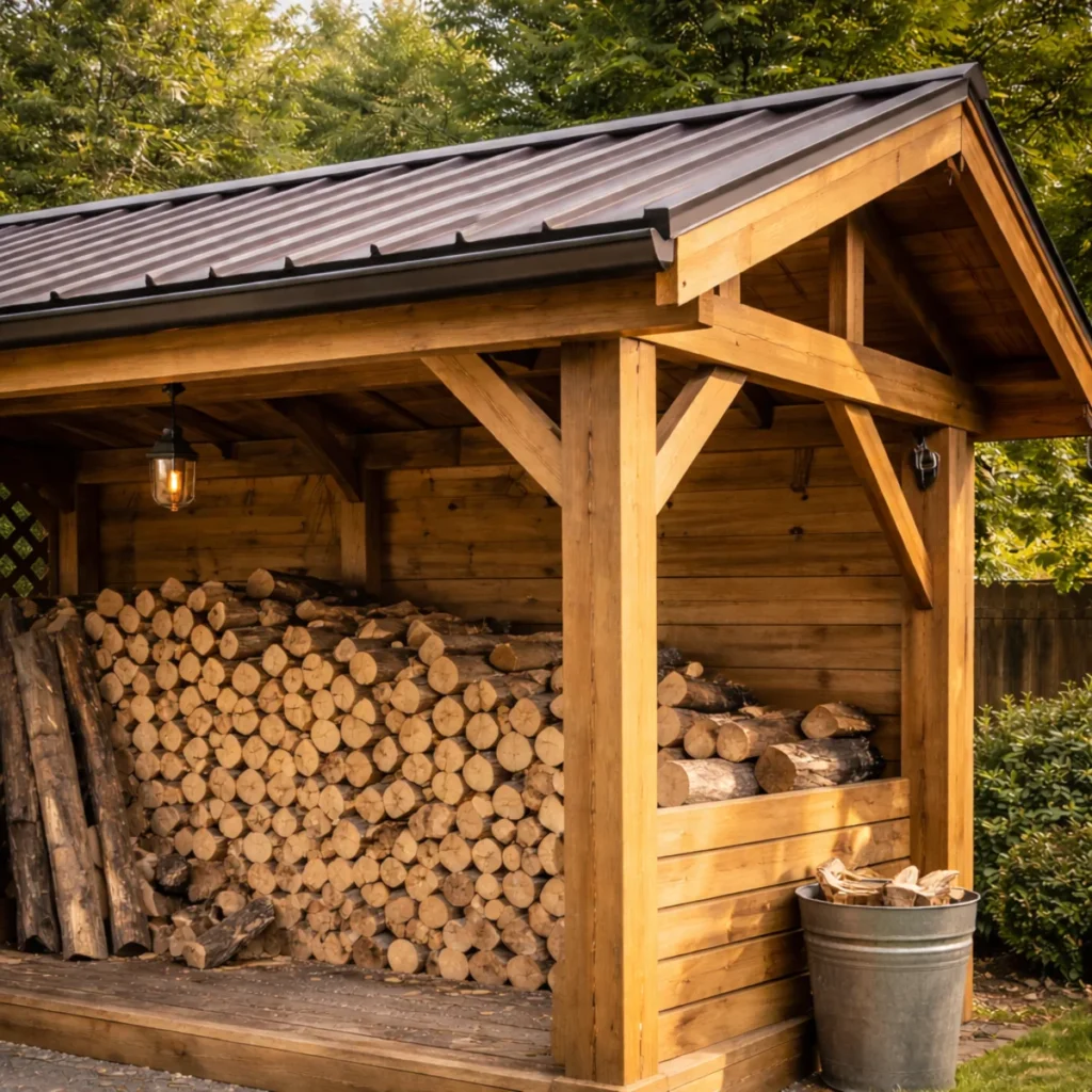 Zbliżenie na boczne łączenia konstrukcji wiaty na drewno opałowe z metalowym dachem i zabezpieczeniem przed wypadaniem drewna