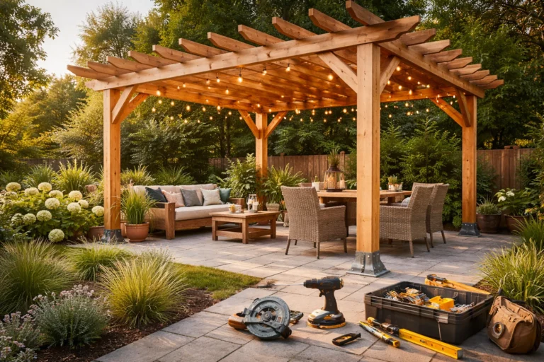 Budowa pergoli ogrodowej z drewna przy tarasie – gotowa drewniana konstrukcja z ażurowym dachem w nowoczesnym ogrodzie