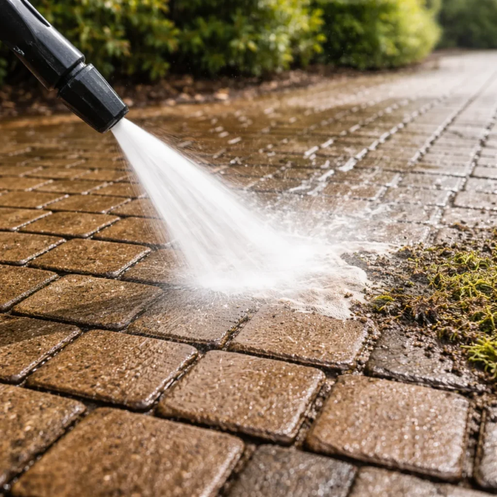 Zbliżenie na strumień wody z myjki ciśnieniowej czyszczący kostkę brukową