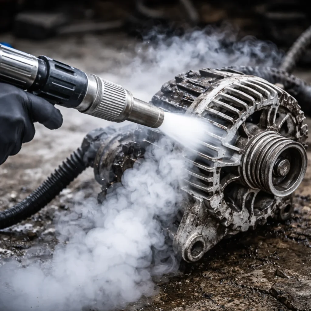 Czyszczenie suchym lodem alternatora samochodowego z nagromadzonego brudu i tłustych osadów