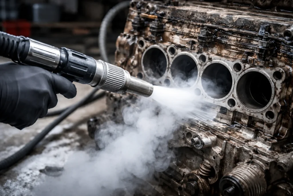 Czyszczenie suchym lodem bloku silnika z czterema cylindrami podczas usuwania tłustych zabrudzeń