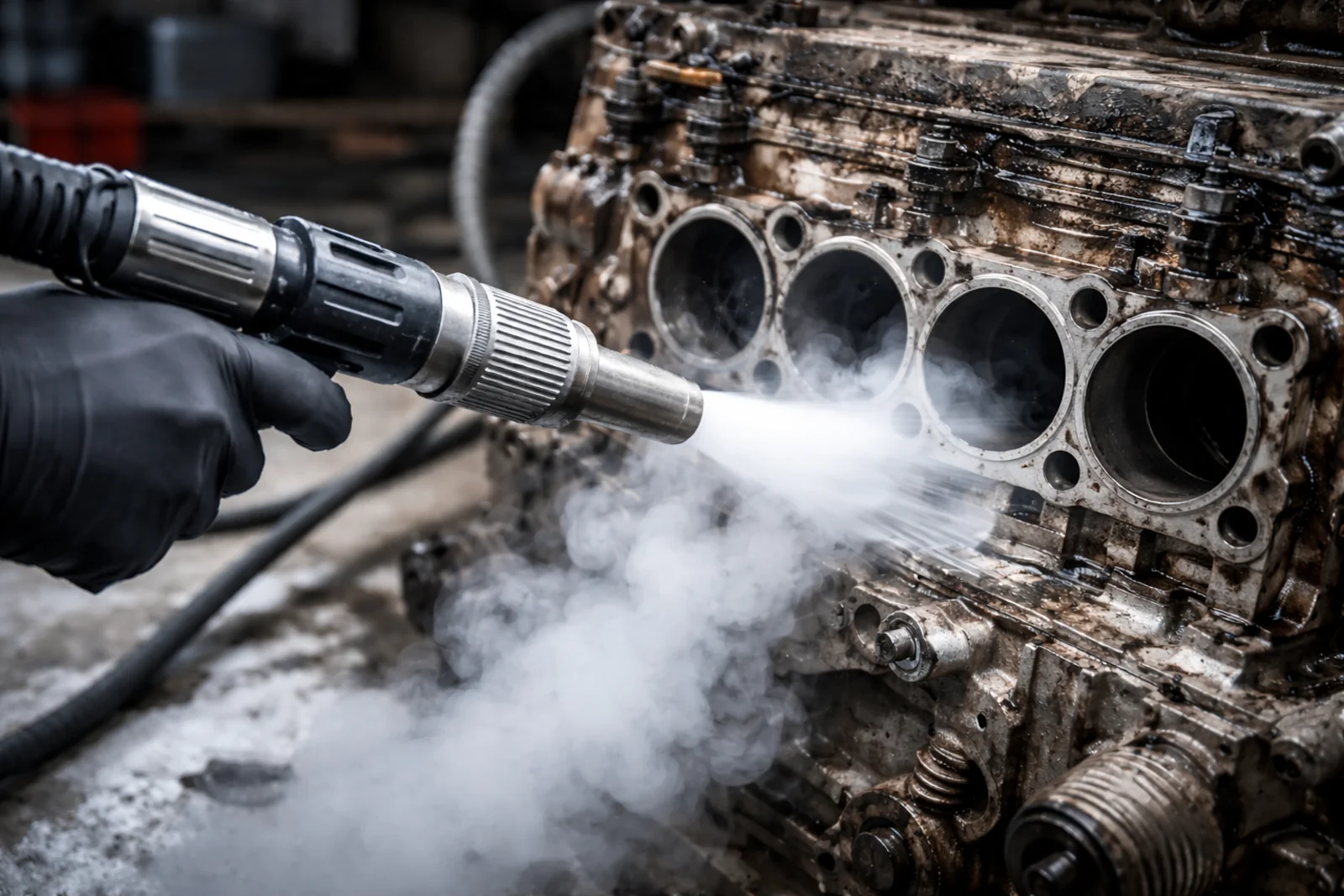 Czyszczenie suchym lodem bloku silnika z czterema cylindrami podczas usuwania tłustych zabrudzeń