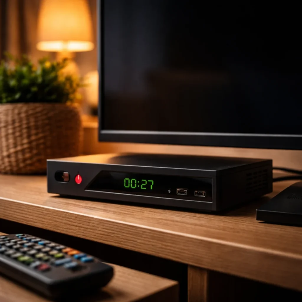 Dekoder telewizyjny z czerwoną diodą standby stojący obok telewizora na drewnianej szafce RTV