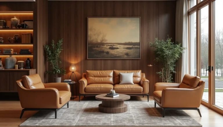Elegancki salon z drewnianą ścianą, brązową skórzaną sofą i fotelami oraz dużym obrazem na ścianie