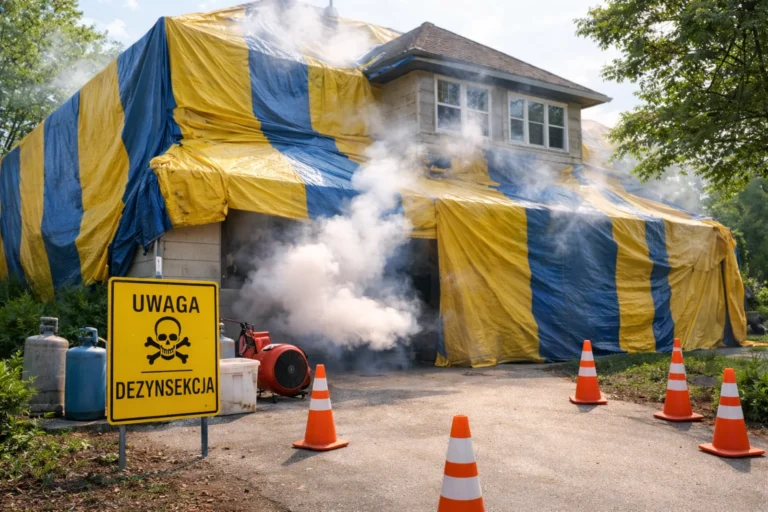 Fumigacja domu w trakcie przygotowania, szczelnie osłonięty plandeką, z widocznym zabezpieczeniem terenu przed zabiegiem dezynsekcji.