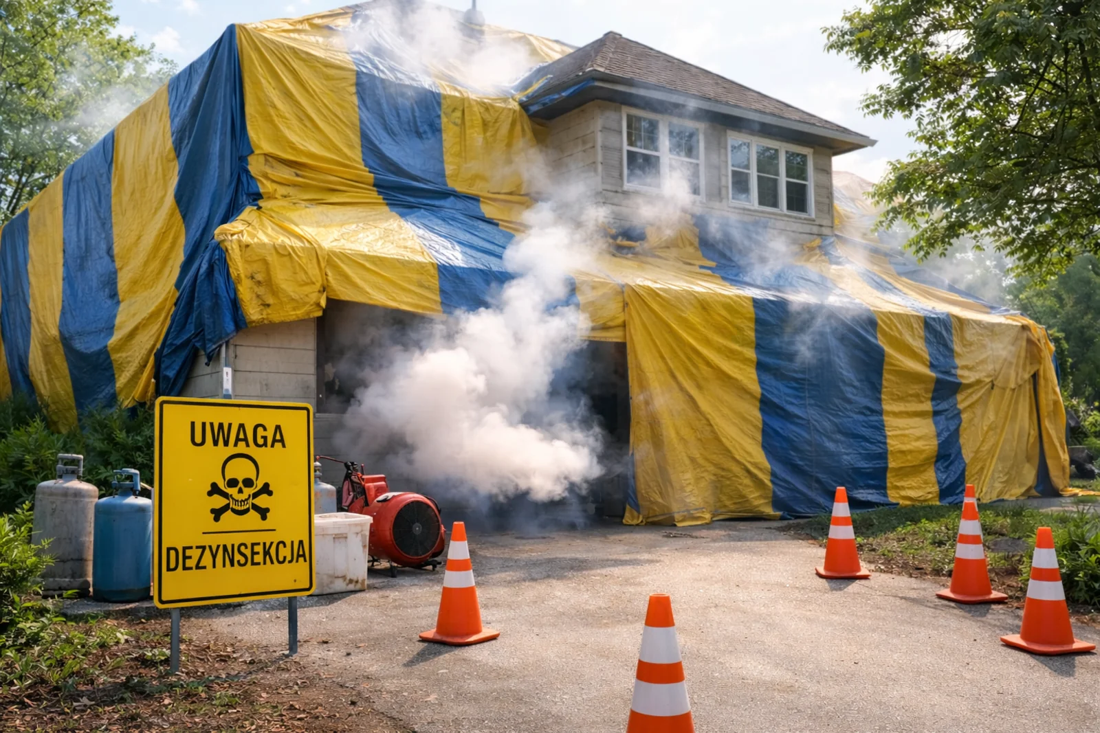 Fumigacja domu w trakcie przygotowania, szczelnie osłonięty plandeką, z widocznym zabezpieczeniem terenu przed zabiegiem dezynsekcji.