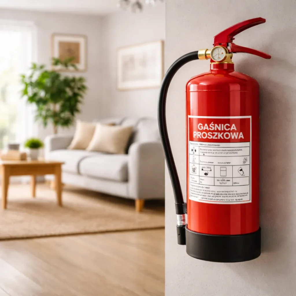 Gaśnica proszkowa dyskretnie zamontowana w domu jednorodzinnym przy wejściu do salonu