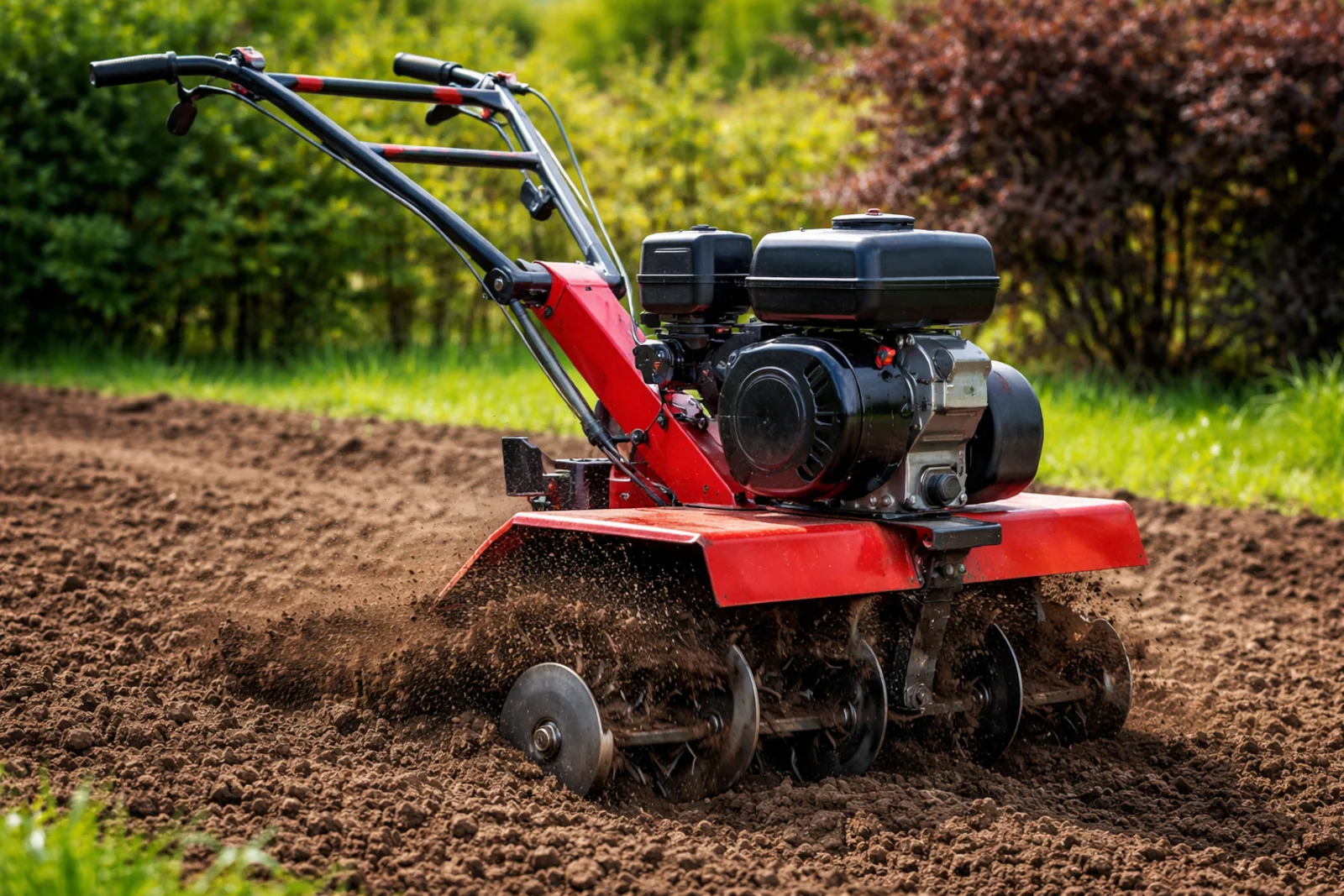 Czerwona glebogryzarka spalinowa pracująca na świeżo uprawianej ziemi w ogrodzie