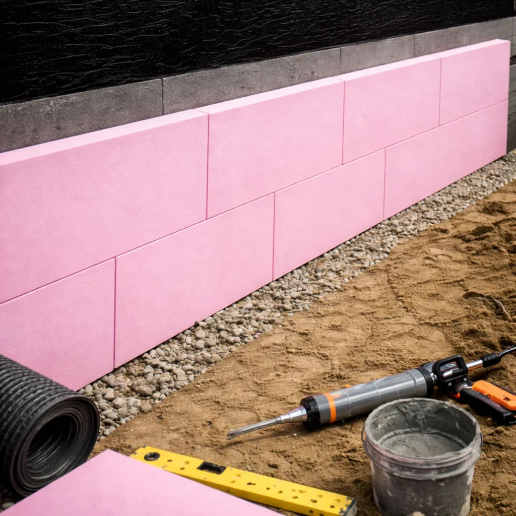 Gotowa ściana fundamentowa ocieplona płytami XPS po zakończeniu montażu