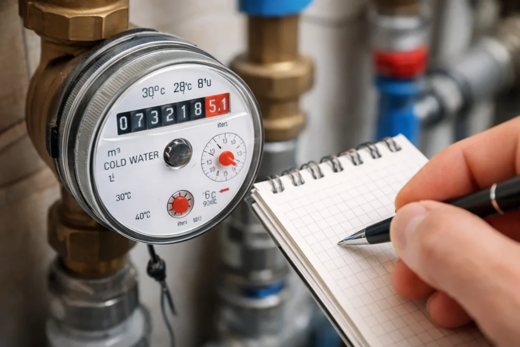 Osoba zapisuje stan wodomierza podczas odczytu licznika wody w mieszkaniu