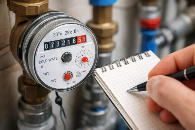 Osoba zapisuje stan wodomierza podczas odczytu licznika wody w mieszkaniu