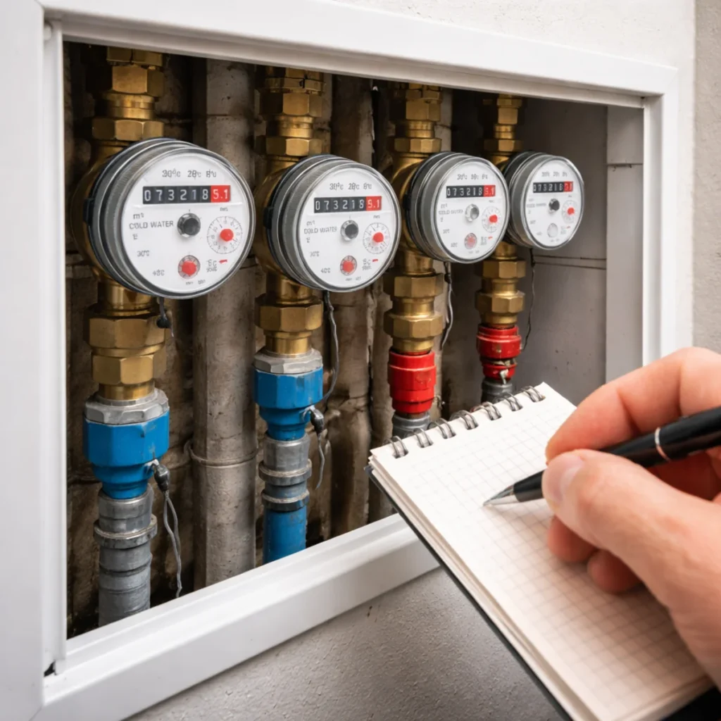 Skrzynka z licznikami wody w bloku podczas spisywania odczytu wodomierzy