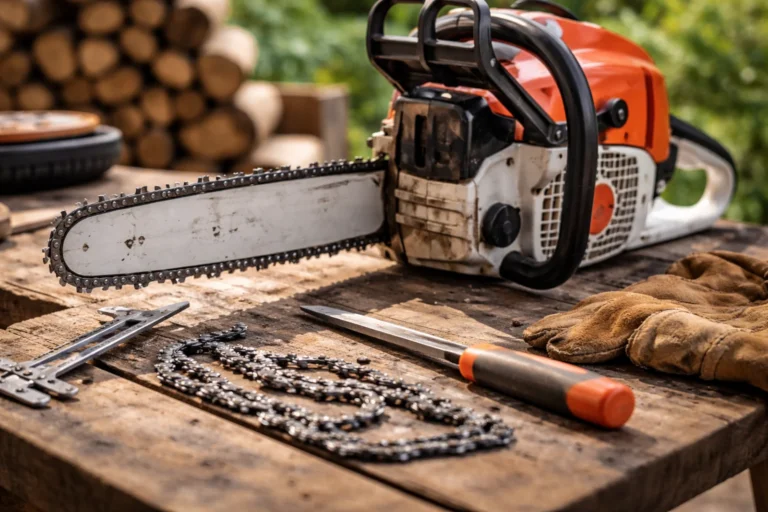 Piła łańcuchowa na drewnianym stole warsztatowym z zapasowym łańcuchem i narzędziami do serwisu