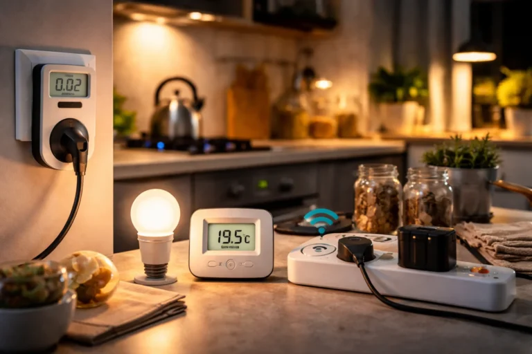 Sprzęty do oszczędzania prądu w domu na kuchennym blacie, miernik energii w gniazdku, żarówka LED, termostat i listwa zasilająca