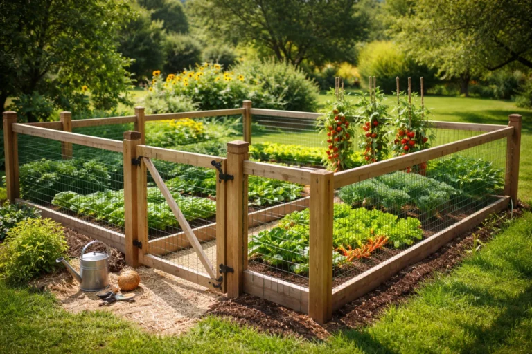 Ogrodzony ogródek warzywny z drewnianą furtką i siatką ochronną wokół grządek