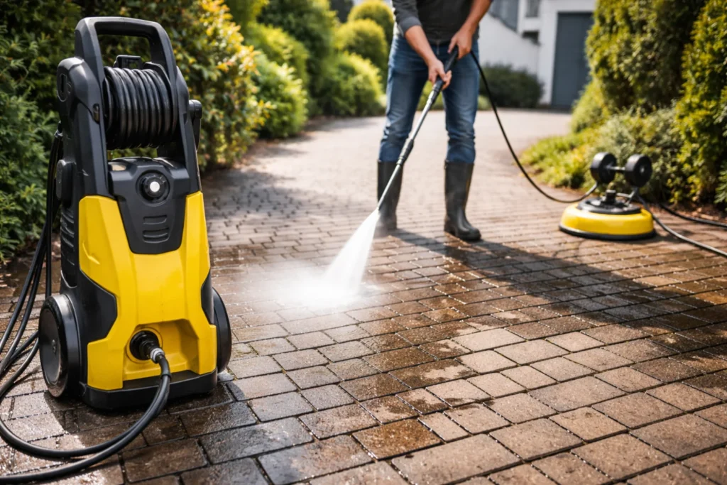 Myjka ciśnieniowa czyści kostkę brukową na podjeździe przy domu