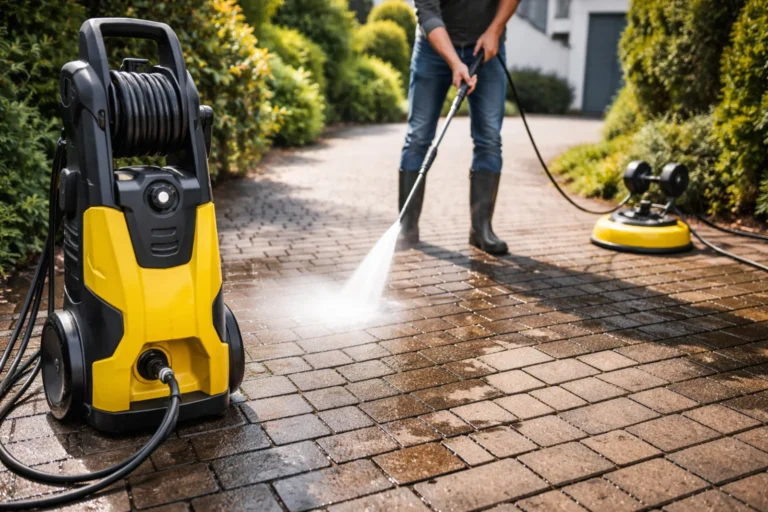 Myjka ciśnieniowa czyści kostkę brukową na podjeździe przy domu