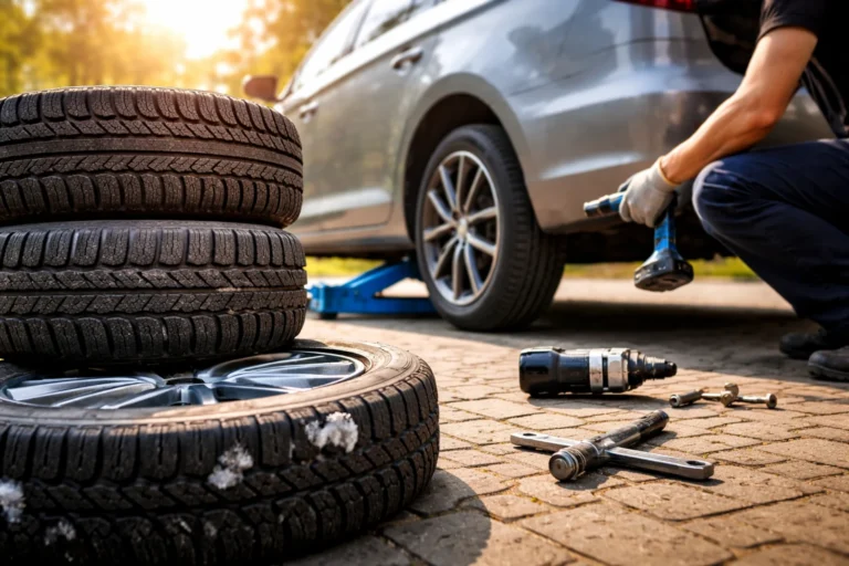 Wymiana opon na letnie przy samochodzie w wiosenny dzień