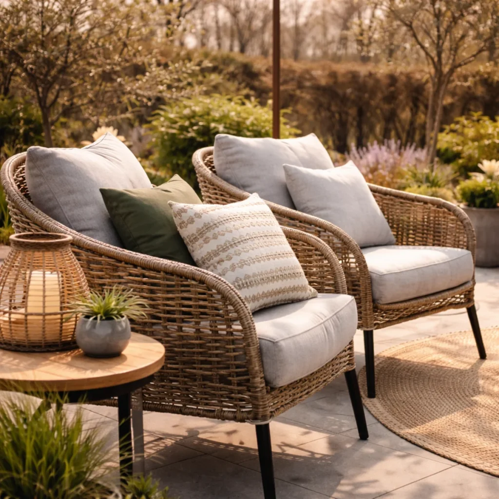 Krzesła ogrodowe z ratanu z jasnymi poduchami na nowoczesnym tarasie