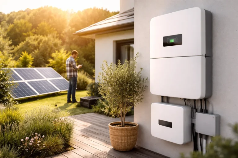 Magazyn energii do domu zamontowany na ścianie nowoczesnego budynku obok instalacji fotowoltaicznej