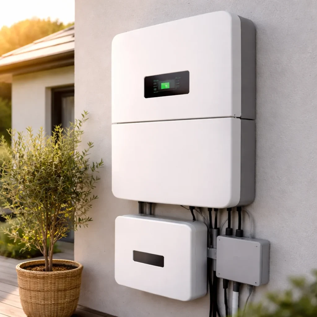 Zbliżenie na magazyn energii do domu zamontowany na ścianie budynku