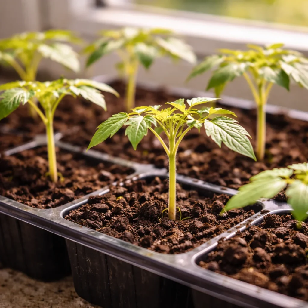 Makro młodej rozsady pomidora z widoczną łodygą i liśćmi