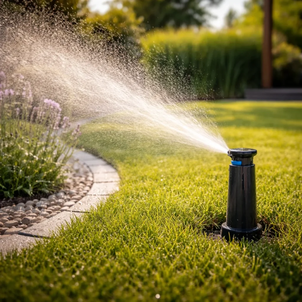 Makro zbliżenie na spryskiwacz ogrodowy podczas pracy i rozpylania wody na trawnik