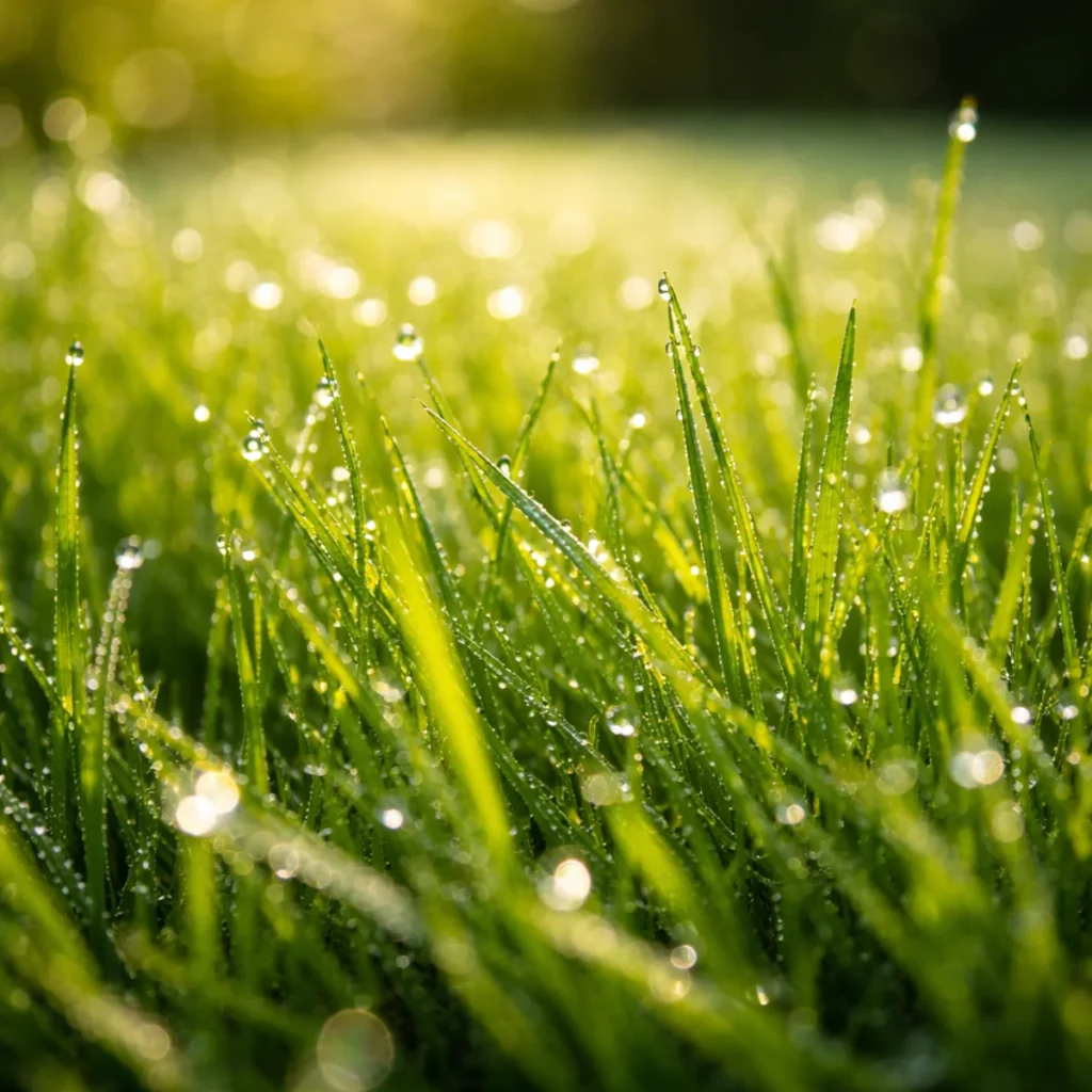 Makro zbliżenie na trawę z delikatnymi kroplami rosy w ogrodzie