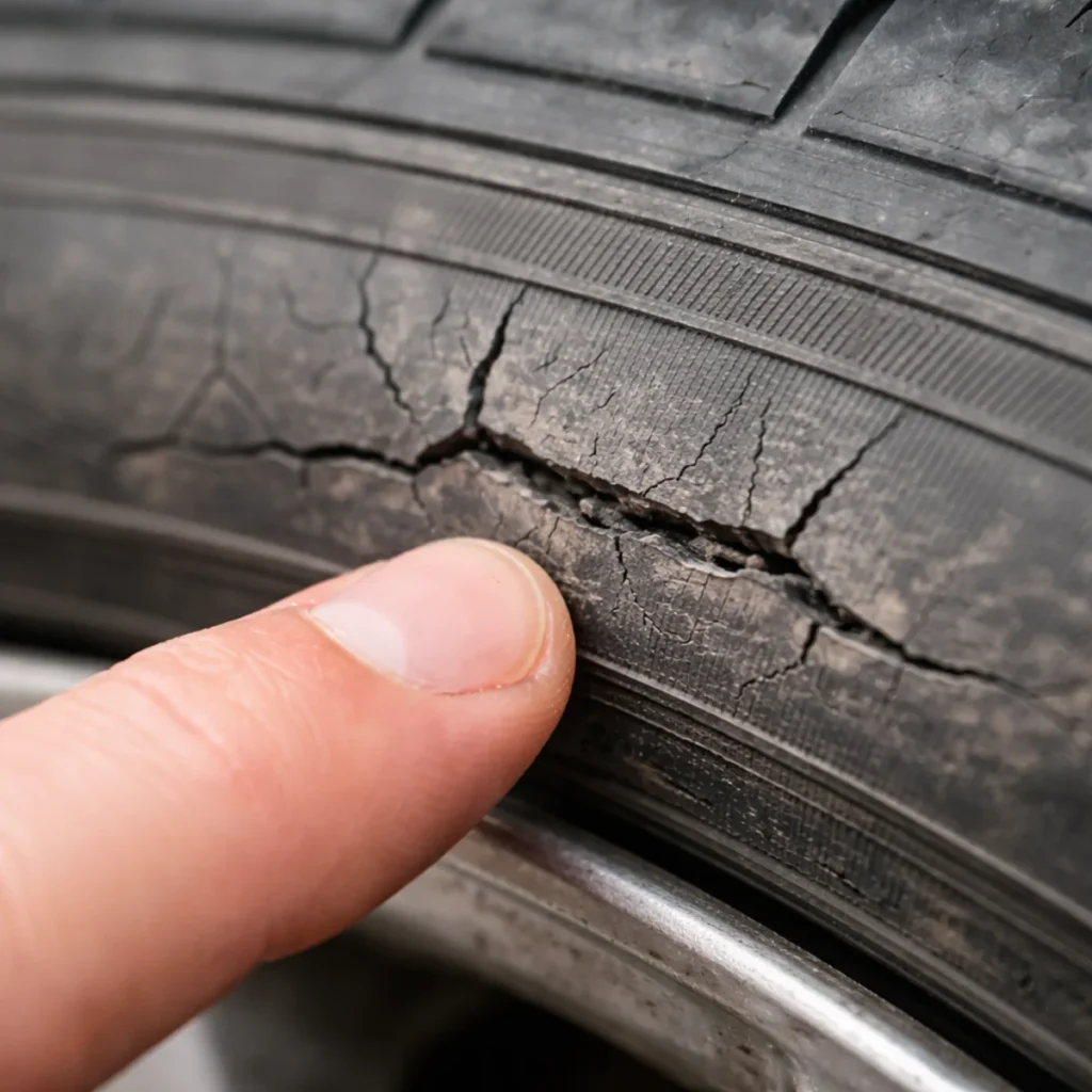 Małe pęknięcie na boku opony – makro zbliżenie uszkodzenia gumy przy feldze