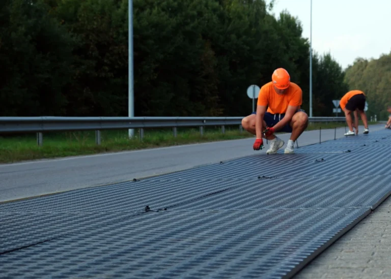 Pracownicy układają maty gumowe drogowe na jezdni przy drodze leśnej