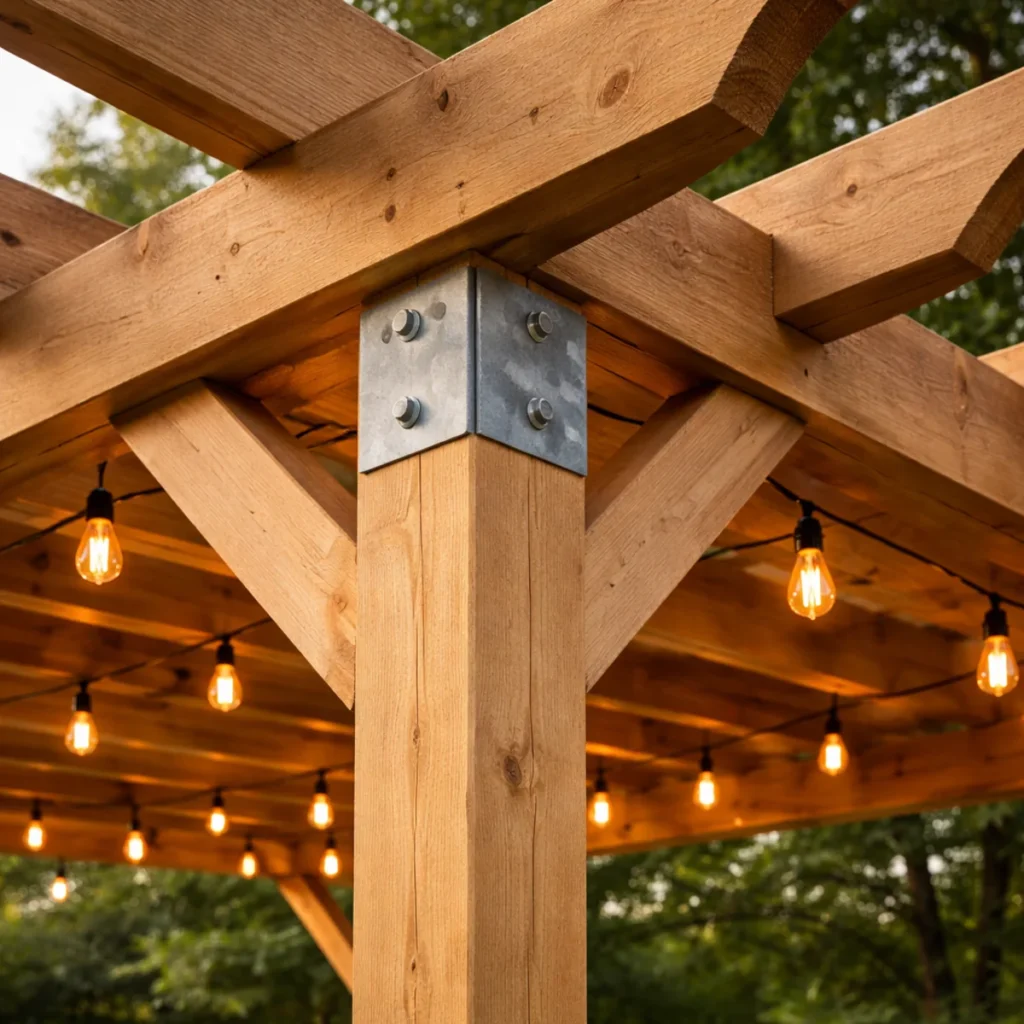 Zbliżenie na mocowanie dachu pergoli drewnianej – połączenie belek konstrukcyjnych i detale montażu